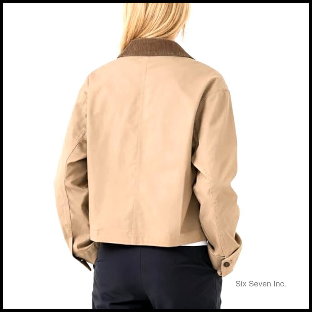 Cropped Bomber Jacket Corduroy Collar Lightweight Utility Zip Up Workwear Chic - Picture 6 of 7